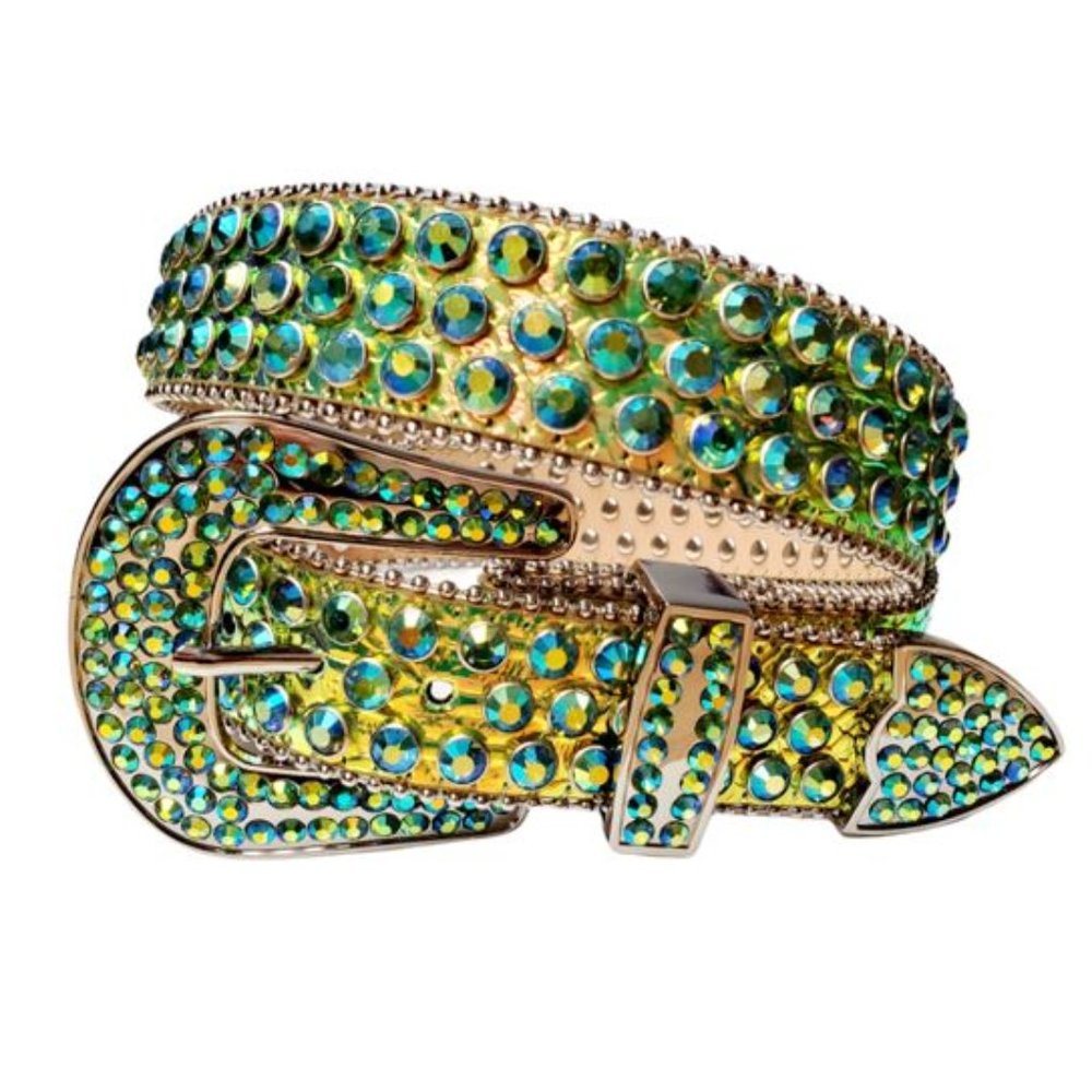 Rhinestone Belt - Green/Gold Multi Belt With Green/Blue Multi Rhinestones